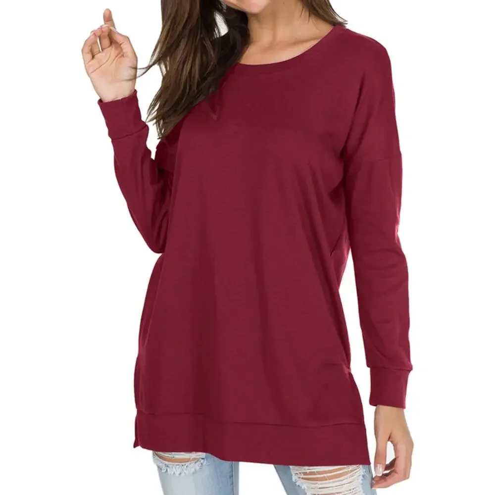 Women's Long Sleeve Loose Blouse Casual Burgundy Pullover Tunic Top - Picture 2 of 5